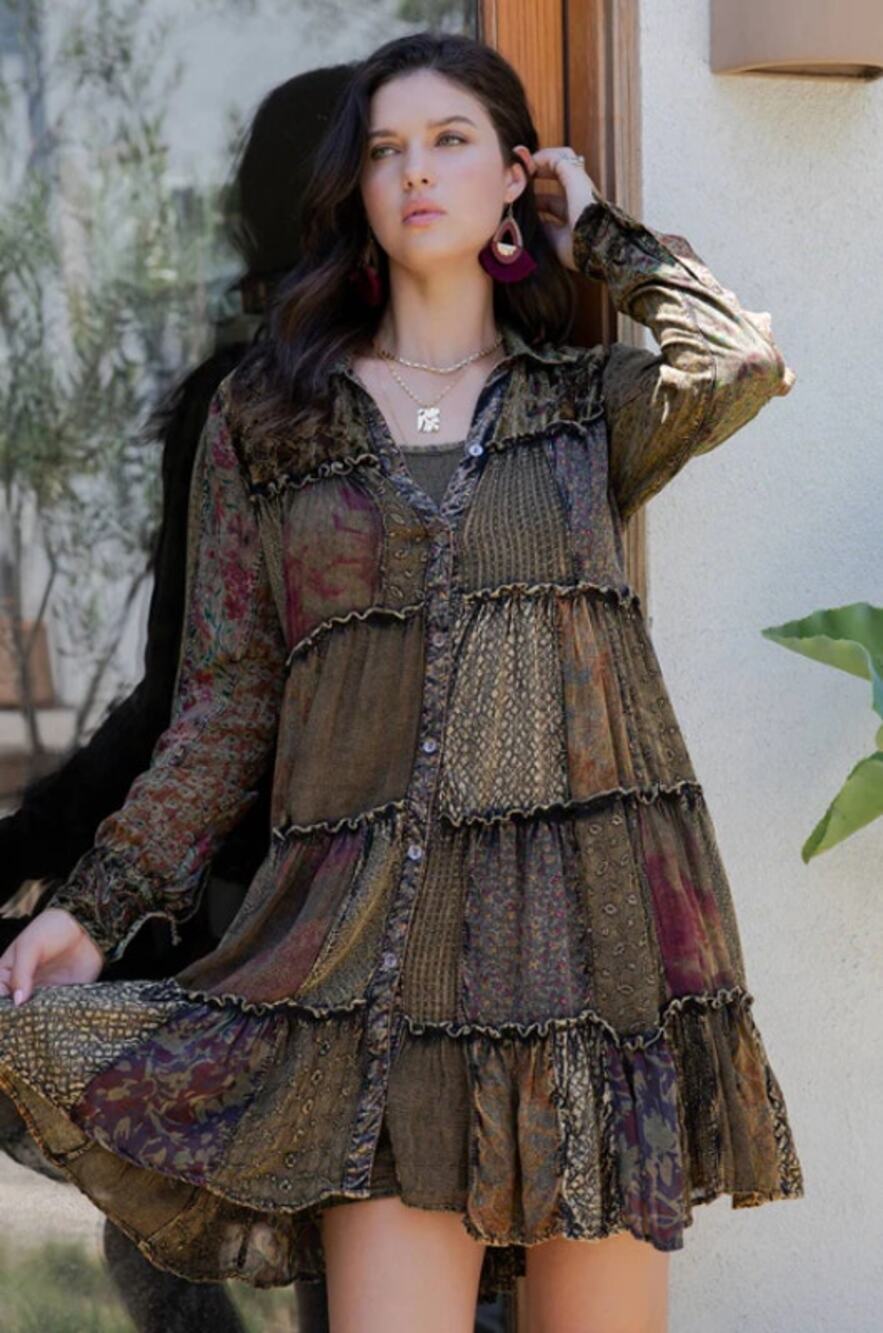 Young Threads Artisan Embroidered Patchwork Shirt Dress M NWT - Boho Western